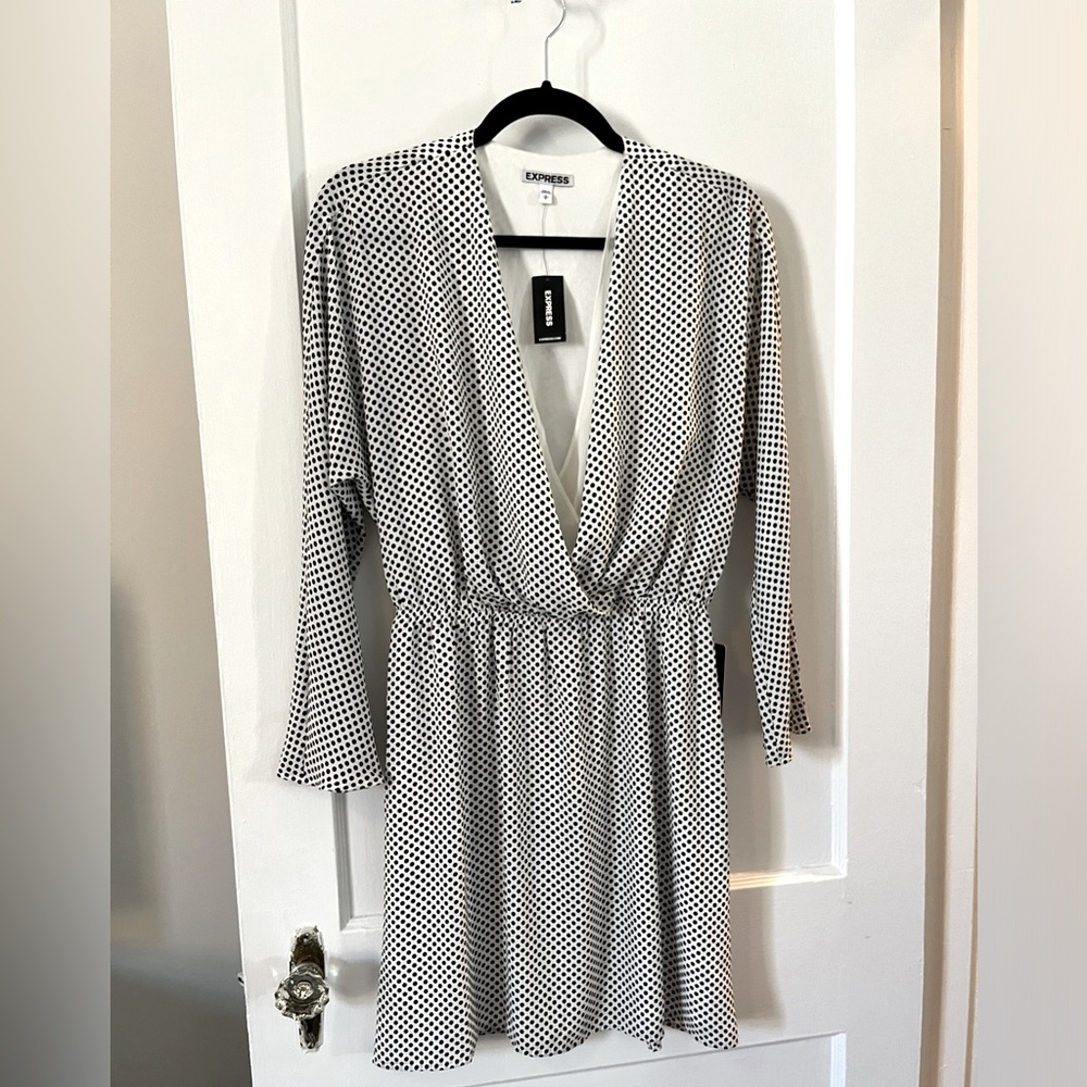 Women’s cowl neck dress from Express. White with black polka dots. NWT!